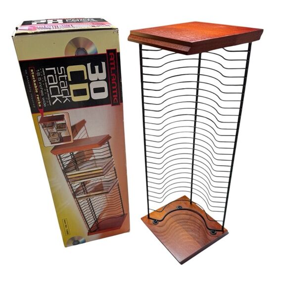 Vintage Atlantic 30 CD Stack Rack Matte Black Steel Cherry Wood New in Box - Picture 1 of 8